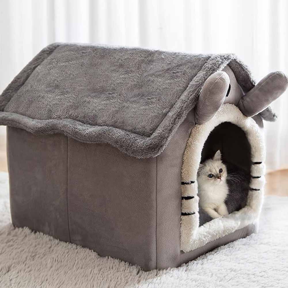 Hopfällbar hund och kattkoja med tak - varm bädd
