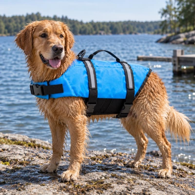 Hundflytväst med reflex och räddningshandtag