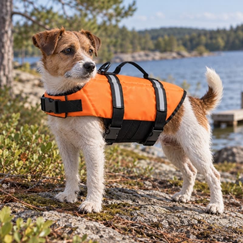 Hundflytväst med reflex och räddningshandtag
