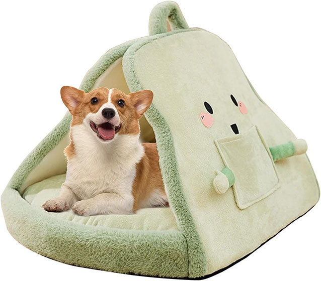 Katt och hundsäng med tak - mjuk sovgrotta Grön