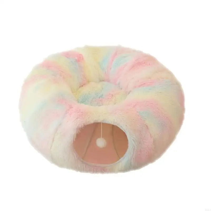 Kattsäng med tunnel – mjuk sovplats & lek för katt Regnbåge