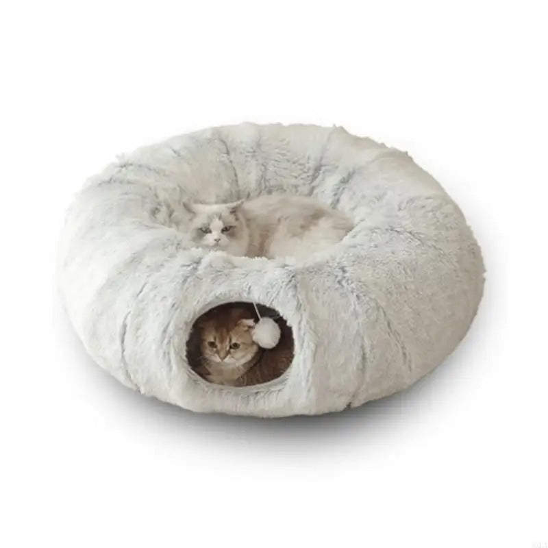 Kattsäng med tunnel – mjuk sovplats & lek för katt Grå